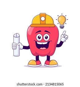 Arquitecto de dibujos animados de pimiento rojo caricatura de mascota diseño de ilustraciones vectoriales
