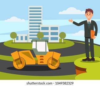 Architect or sales manager presenting new building on nature background flat vector illustration