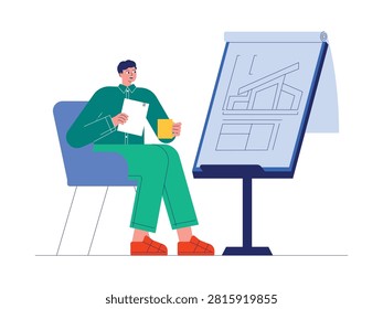 An architect sitting in chair, holding a document and a mug next to a blueprint display stand.