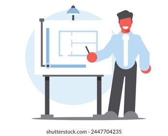 Architect stands near drawing board with drawing of building. Vector graphics