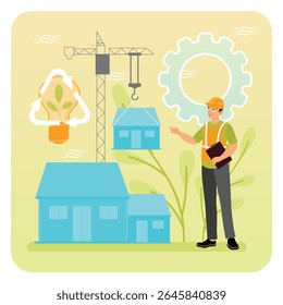 An architect supervises the project Prefabricated Home Components are manufactured in a factory then transported to the building site and assembled there. Sustainable energy concept.