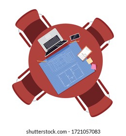 Architect Team Desk Semi Flat RGB Color Vector Illustration. Blueprint On Table. Documents And Computer. Chairs Around Circle Desk. Office Deks Isolated Cartoon Object Top View On White Background