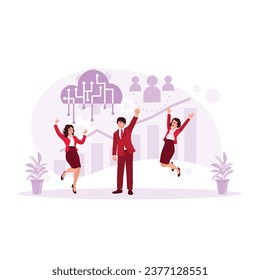 The architect team jumps and raises hands because of successful work. Could Computing concept. Trend Modern vector flat illustration