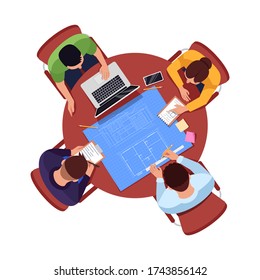 Architect team plan semi flat RGB color vector illustration. Worker meeting at work table. Teamwork on project blueprint. Builder isolated cartoon characters top view on white background