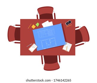 Architect Team Table Semi Flat RGB Color Vector Illustration. Blueprint Plan Of Building On Table. Chairs Around Circle Desk. Office Deks Isolated Cartoon Object Top View On White Background