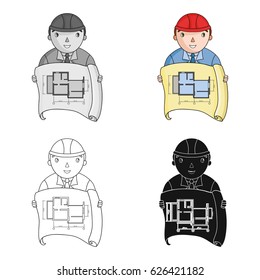 Architect with technical drawing icon in cartoon style isolated on white background. Architect symbol stock vector illustration.