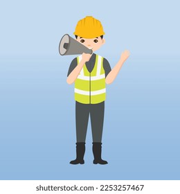 Architect, technician and builders and engineers and mechanics and Construction Worker People teamwork ,Vector illustration cartoon character. Engineer with yellow safety helmet in construction site.