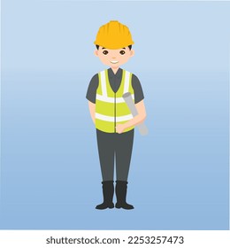 Architect, technician and builders and engineers and mechanics and Construction Worker People teamwork ,Vector illustration cartoon character. Engineer with yellow safety helmet in construction site.