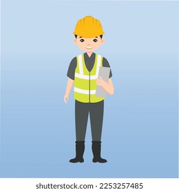 Architekt, Techniker und Baumeister und Ingenieure und Mechaniker und Bauarbeiter-Team,Vektorgrafik-Zeichentrickfigur. Ingenieur mit gelbem Schutzhelm auf Baustellen.