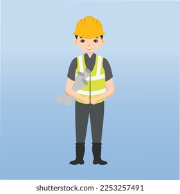 Arquitecto, técnico y constructores, ingenieros y mecánicos y trabajadores de la construcción Trabajadores de equipo, Caricatura de ilustración vectorial. Ingeniero con casco amarillo de seguridad en construcción.