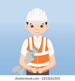 Architect, technician and builders and engineers and mechanics and Construction Worker People teamwork ,Vector illustration cartoon character. Engineer with white safety helmet in construction site.