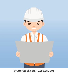 Architect, technician and builders and engineers and mechanics and Construction Worker People teamwork ,Vector illustration cartoon character. Engineer with white safety helmet in construction site.