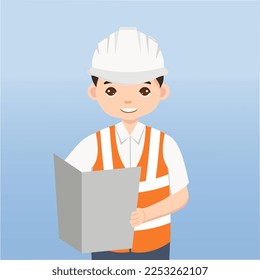 Arquitecto, técnico y constructores, ingenieros y mecánicos y trabajadores de la construcción Trabajadores de equipo, Caricatura de ilustración vectorial. Ingeniero con casco blanco de seguridad en construcción.