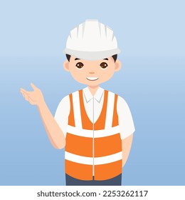 Architect, technician and builders and engineers and mechanics and Construction Worker People teamwork ,Vector illustration cartoon character. Engineer with white safety helmet in construction site.