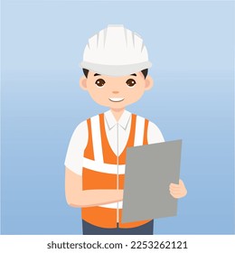 Architect, technician and builders and engineers and mechanics and Construction Worker People teamwork ,Vector illustration cartoon character. Engineer with white safety helmet in construction site.