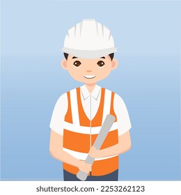 Arquitecto, técnico y constructores, ingenieros y mecánicos y trabajadores de la construcción Trabajadores de equipo, Caricatura de ilustración vectorial. Ingeniero con casco blanco de seguridad en construcción.