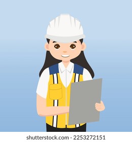 Architect, technician and builders and engineers and mechanics and Construction Worker People teamwork ,Vector illustration cartoon character. Engineer with white safety helmet in construction site.