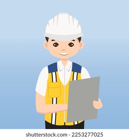 Architect, technician and builders and engineers and mechanics and Construction Worker,Vector illustration cartoon character. Engineer with white safety helmet and vest in construction site.