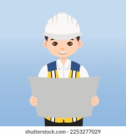 Architect, technician and builders and engineers and mechanics and Construction Worker,Vector illustration cartoon character. Engineer with white safety helmet and vest in construction site.