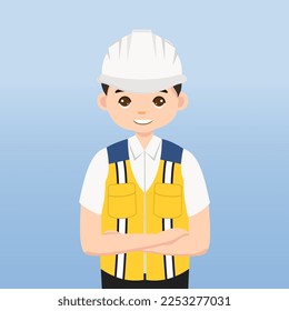 Arquitecto, técnico y constructores e ingenieros y mecánico y trabajador de la construcción,Caricatura de ilustración de vectores. Ingeniero con casco blanco de seguridad y chaleco en construcción.