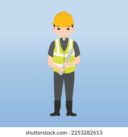 Arquitecto, técnico y constructores e ingenieros y mecánico y trabajador de la construcción,Caricatura de ilustración de vectores. Ingeniería con casco y chaleco blancos de seguridad en construcción.