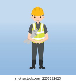 Architect, technician and builders and engineers and mechanics and Construction Worker,Vector illustration cartoon character. Woman engineer with white safety helmet and vest in construction site.