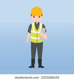Architect, technician and builders and engineers and mechanics and Construction Worker,Vector illustration cartoon character. Woman engineer with white safety helmet and vest in construction site.