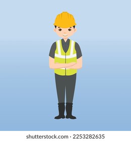 Arquitecto, técnico y constructores e ingenieros y mecánico y trabajador de la construcción,Caricatura de ilustración de vectores. Ingeniería con casco y chaleco blancos de seguridad en construcción.