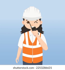 Architect, technician and builders and engineers and mechanics and Construction Worker,Vector illustration cartoon character. Woman Engineer with white safety helmet and vest in construction site.