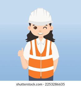 Architect, technician and builders and engineers and mechanics and Construction Worker,Vector illustration cartoon character. Woman Engineer with white safety helmet and vest in construction site.