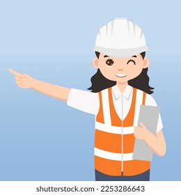 Architect, technician and builders and engineers and mechanics and Construction Worker,Vector illustration cartoon character. Woman Engineer with white safety helmet and vest in construction site.