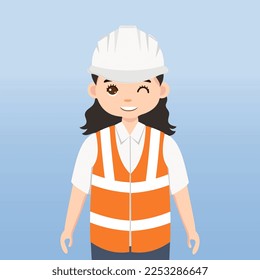 Architekt, Techniker und Bauingenieure und Mechaniker und Bauarbeiter,Vektorgrafik-Zeichentrickfigur. Ingenieurin mit weißem Sicherheitshelm und Weste in der Baustelle.