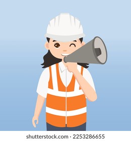 Arquitecto, técnico y constructores e ingenieros y mecánico y trabajador de la construcción,Caricatura de ilustración de vectores. Ingeniería con casco de seguridad blanco y chaleco en construcción.