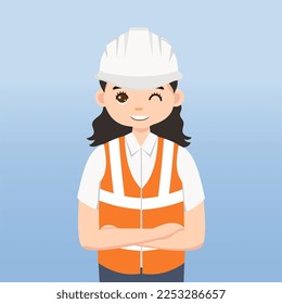 Arquitecto, técnico y constructores e ingenieros y mecánico y trabajador de la construcción,Caricatura de ilustración de vectores. Ingeniería con casco de seguridad blanco y chaleco en construcción.