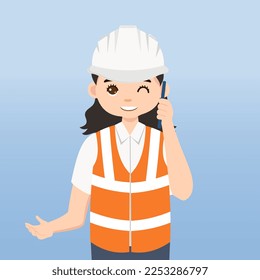 Architect, technician and builders and engineers and mechanics and Construction Worker,Vector illustration cartoon character. Woman Engineer with white safety helmet and vest in construction site.