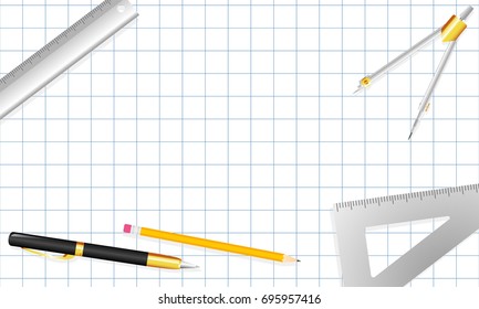 Architect tool background vector illustration. Top view of drawing compasses, pencil, ruler, and ballpoint pen on grid paper with copy space.