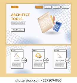 Architect tools flat landing page website template. Pickaxe, excavator, bolt cutter. Web banner with header, content and footer. Vector illustration.