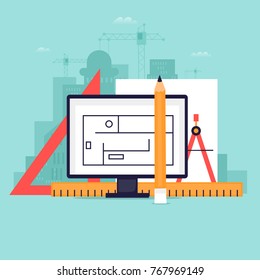 Architect, tools. Project design. Workplace. Flat design vector illustration.