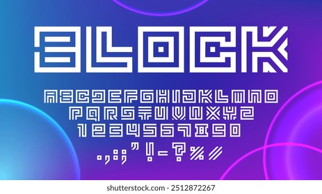 Architect type, labyrinth maze font, geometric typeface, line English alphabet, numerals, and punctuation marks. Vector linear, blocky uppercase characters for tech, futuristic or architectural themes