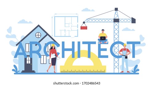 Architect typographic header concept. Idea of building project and construction work. Scheme of house, engineer industry. Construction company business. Isolated flat vector illustration