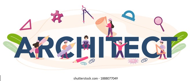 Architect typographic header. Idea of building project and construction work. Scheme of house, engineer industry. Construction company business. Isolated flat vector illustration