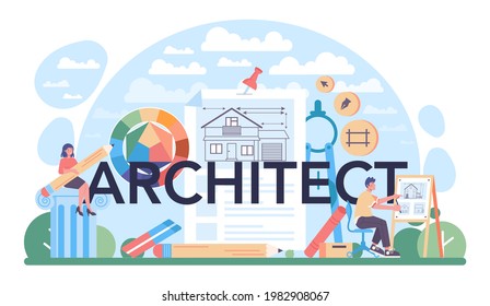 Architect typographic header. Idea of building project and construction work. Scheme of house. Construction company business, engineer industry. Isolated flat vector illustration