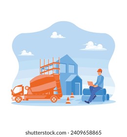 Architect using laptop at building construction site. Sit on the big pipe near the cement mixer car. Creating construction sites concept. Trend Modern vector flat illustration