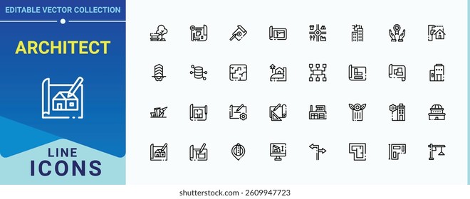 Architect vector icon set. Architectural linear icon collection. Drawing ui icons set in a thin style. Set of line pictogram. Editable stroke collections.