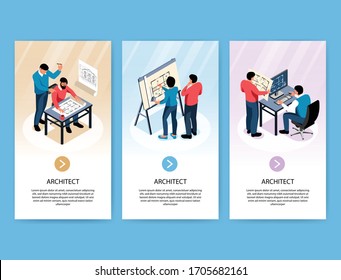 Architect vertical banners with designers  developing construction  projects at their workplace isometric vector illustration