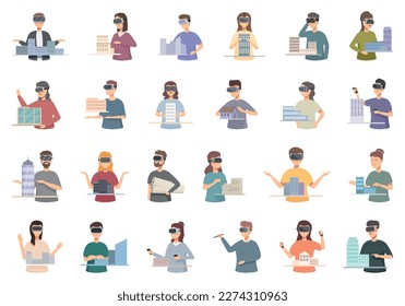 Arquitecto de iconos de realidad virtual establece el vector de dibujos animados. Vr. digital Equipo de educación