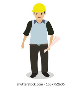 the architect wears a helmet. vector cartoon illustration
