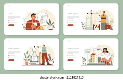 Architect web banner or landing page set. Idea of architectural project and construction work. Scheme of house, engineer industry. Construction company business. Flat vector illustration