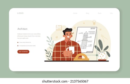 Architect web banner or landing page. Idea of architectural project and construction work. Scheme of house, engineer industry. Construction company business. Flat vector illustration