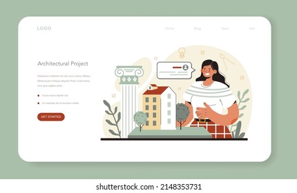 Anuncio web o página de inicio de arquitecto. Idea de proyecto arquitectónico y obra de construcción. Esquema de la casa, industria de ingeniería. Empresa de construcción. Ilustración vectorial plana